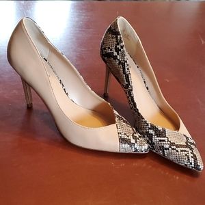 Bleecker and Bond tan/snakeskin pumps